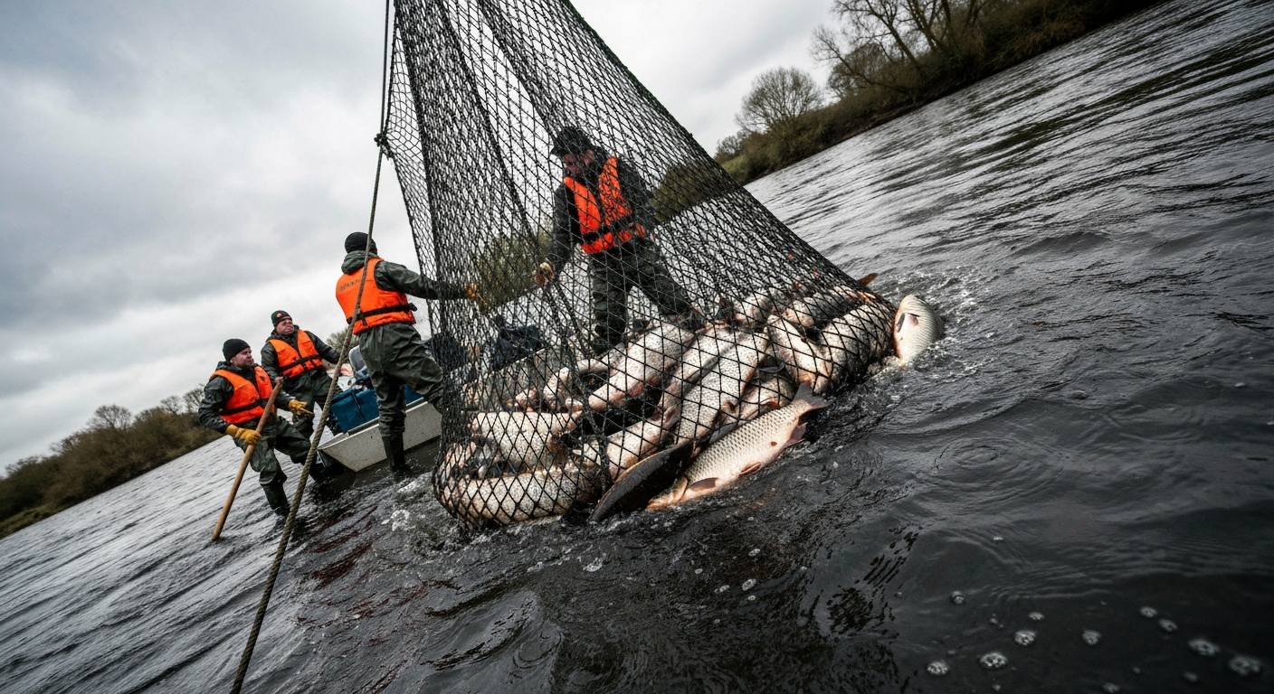 Conservation team hauling nets full of invasive carp fish from a river