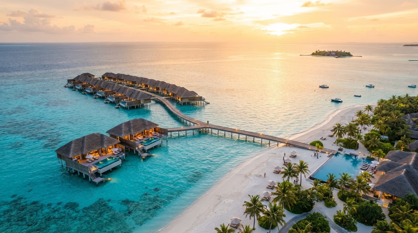 Tropical vacation paradise with overwater bungalows and turquoise water