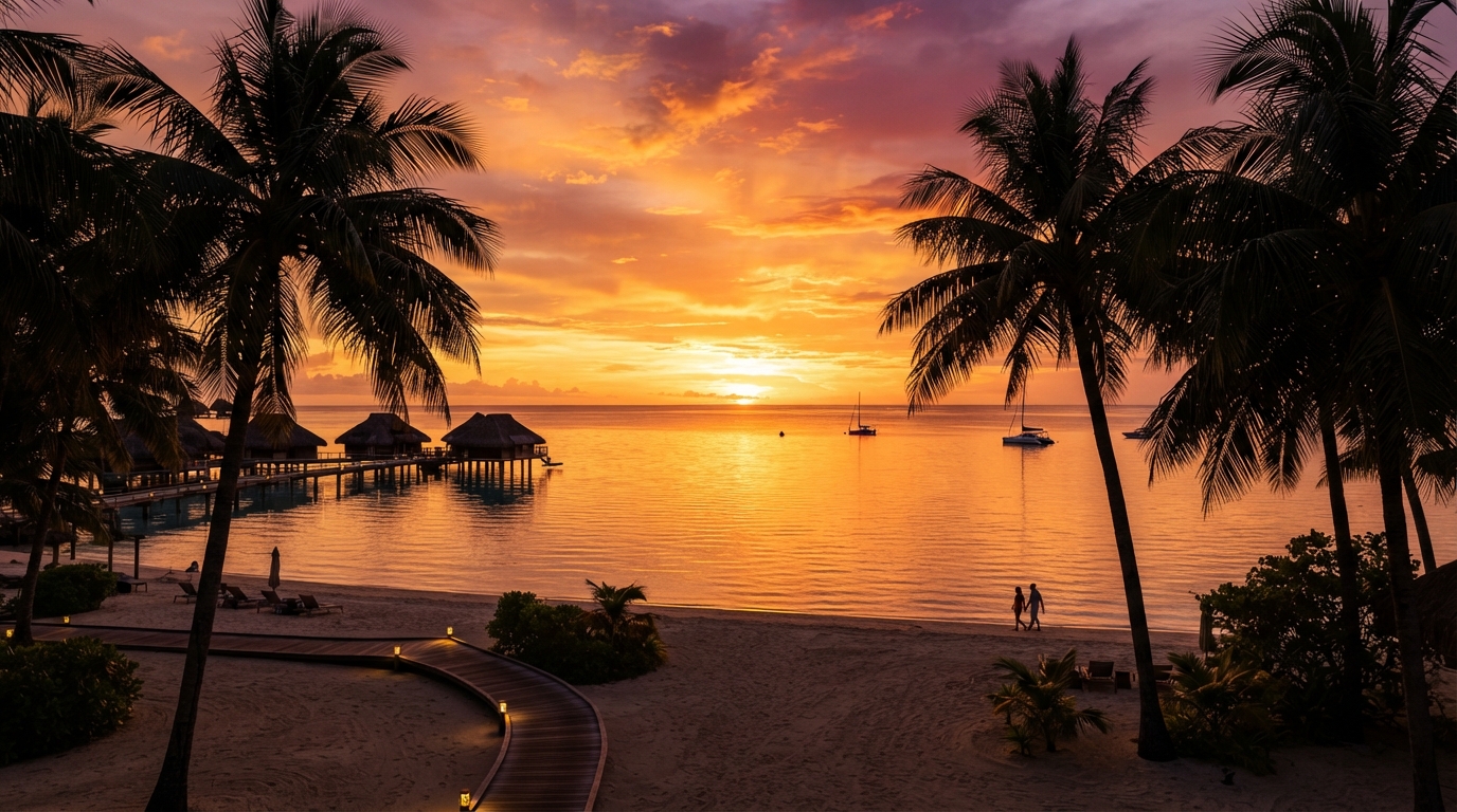 Tropical sunset over ocean with palm trees