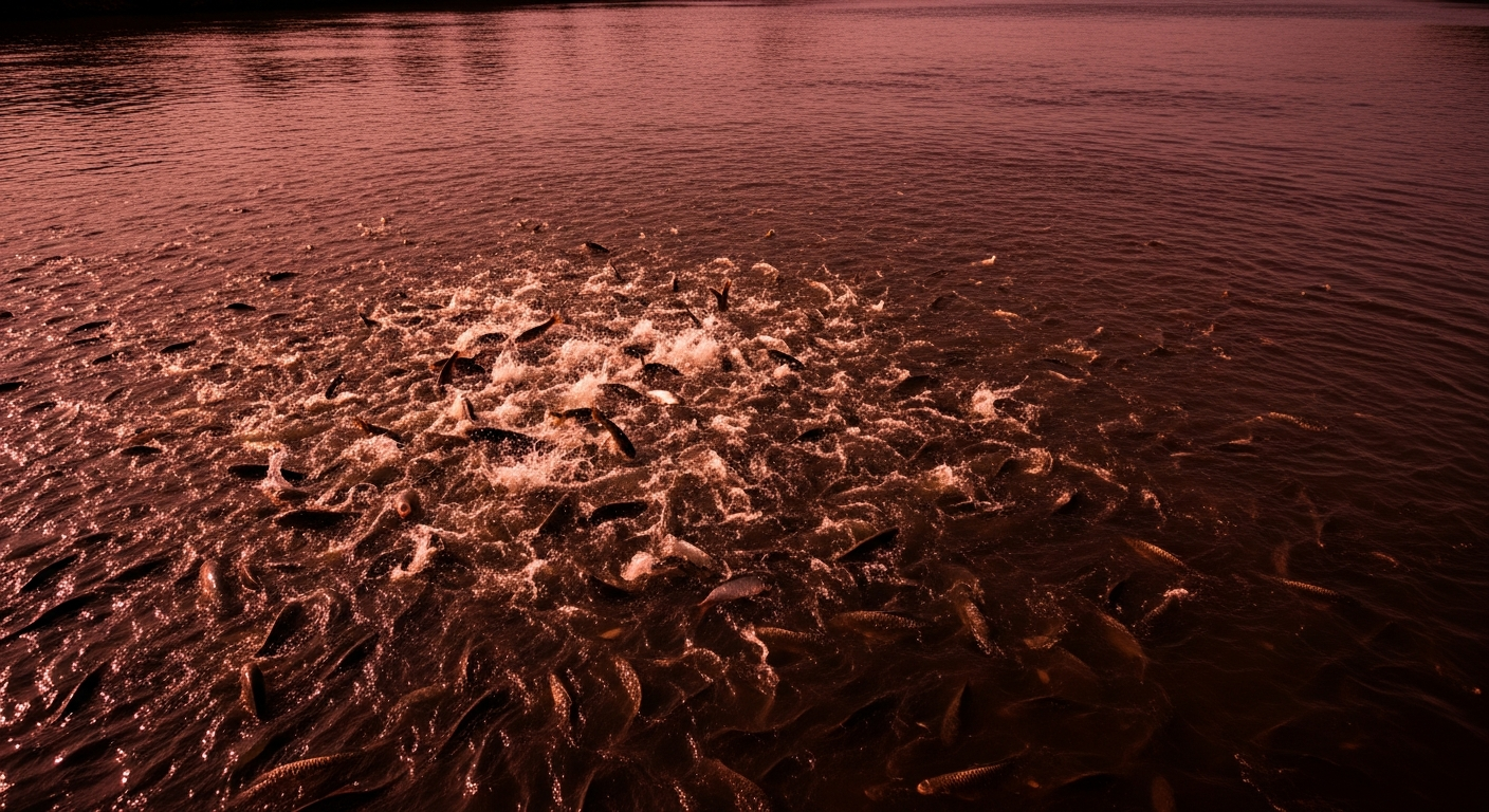 Murky river crowded with thousands of invasive silver carp, ecological displacement