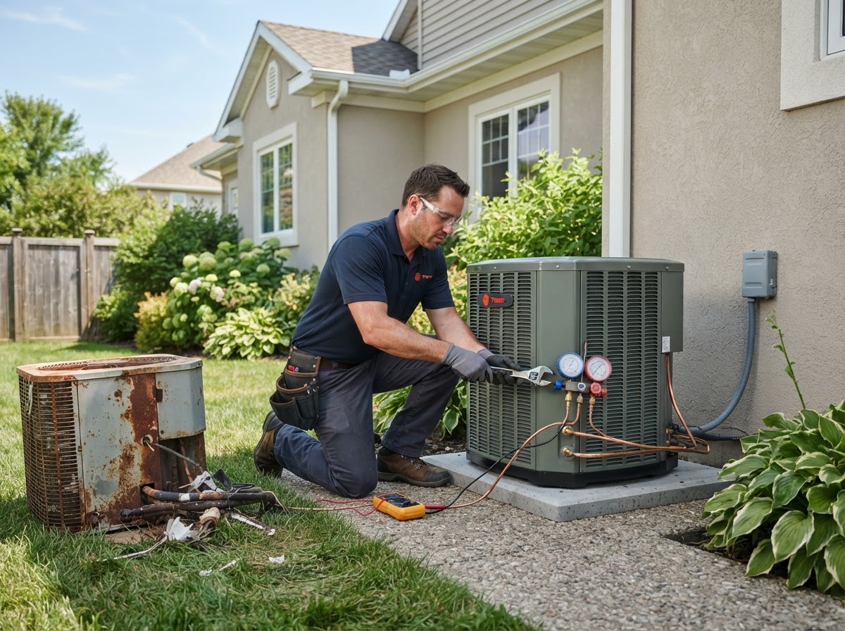 HVAC technician replacing an outdoor AC condenser at a residential home.