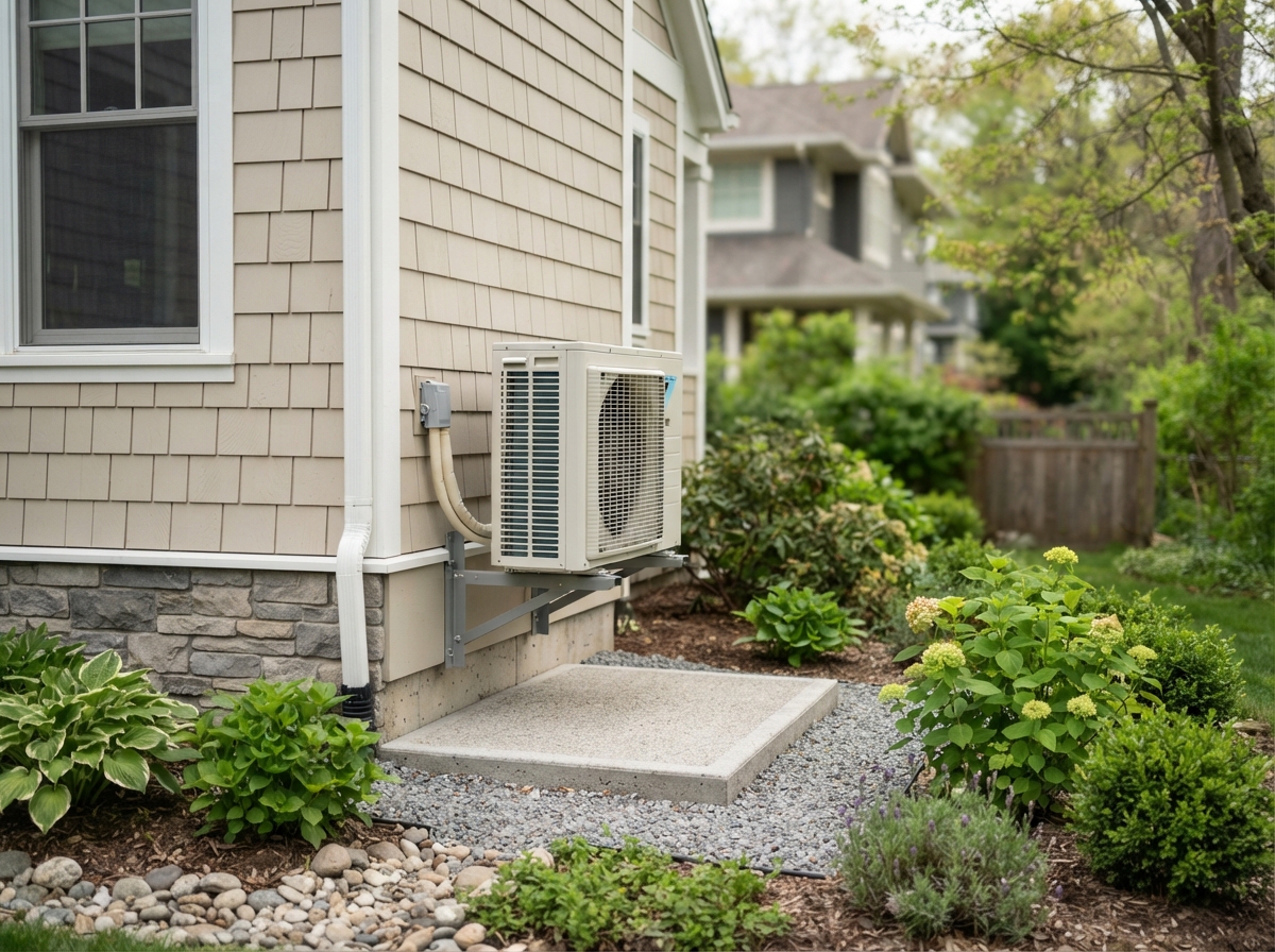 Cold-climate heat pump freshly installed on the exterior of a suburban home.