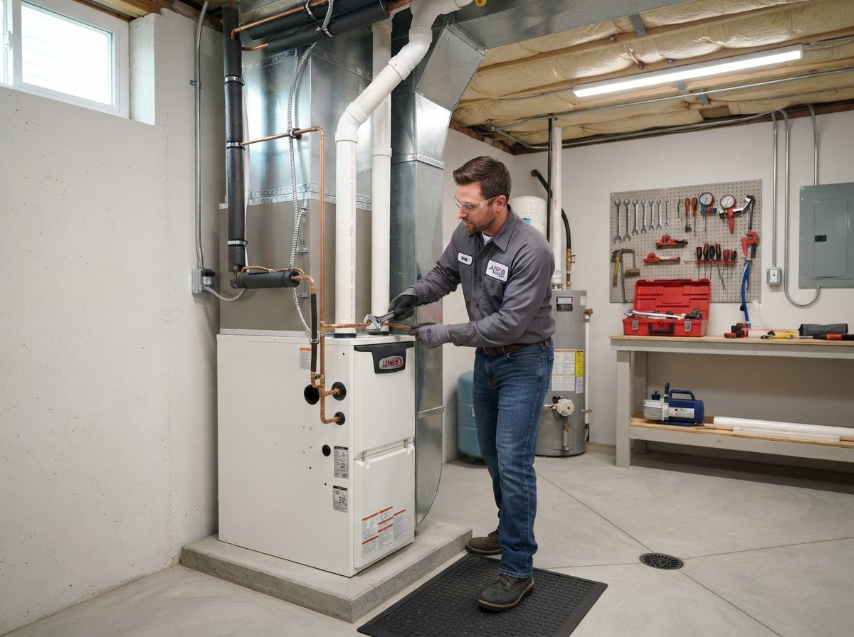 High-efficiency furnace and heat pump installation in a residential utility room.