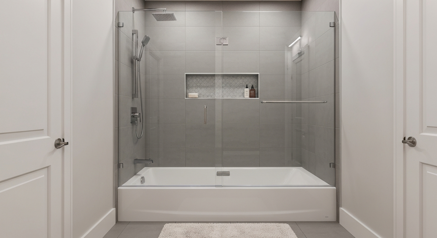 Tub-to-shower conversion with modern wall panels and glass door