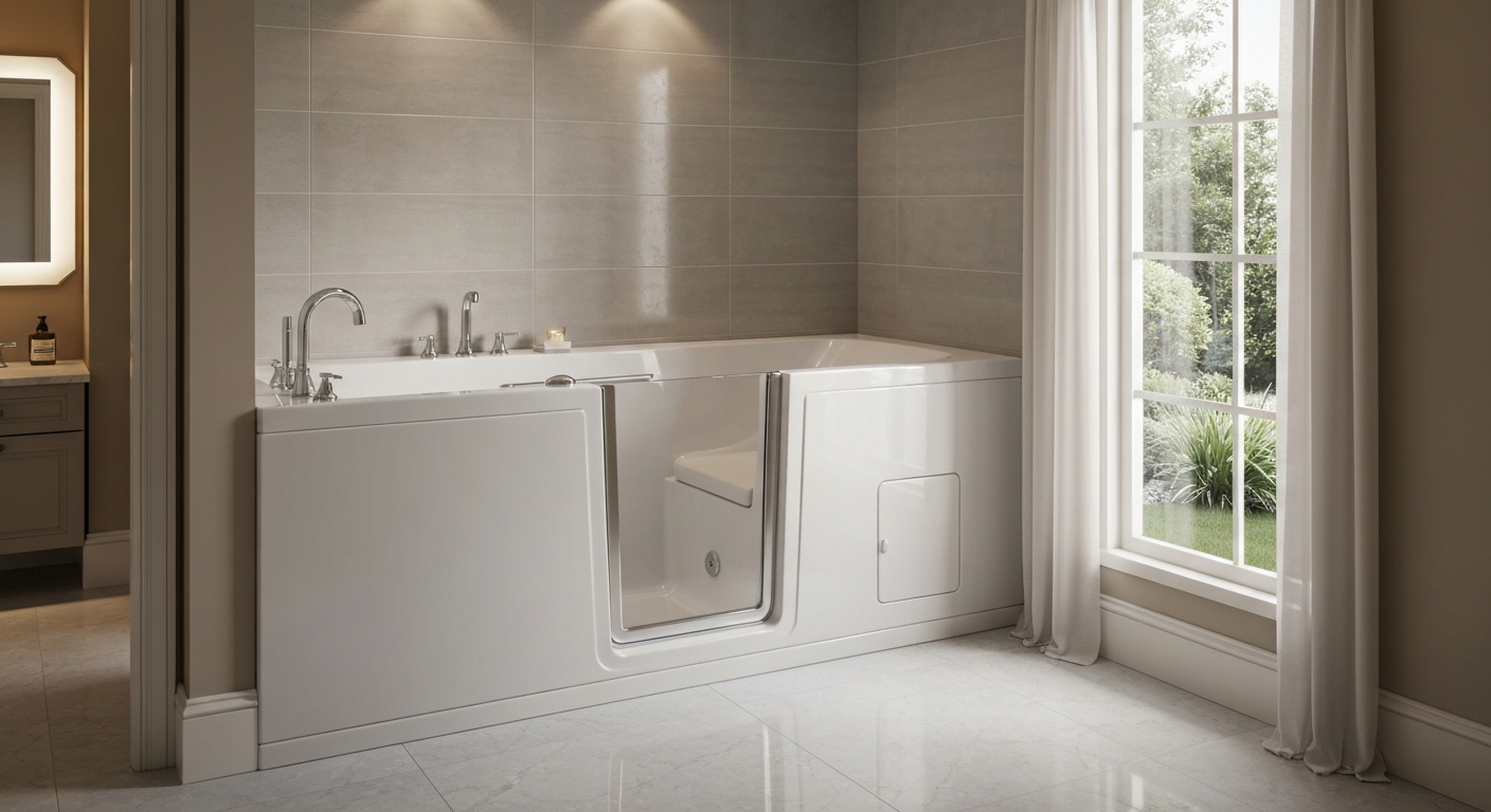 Walk-in tub with easy-entry door, seating, and hydrotherapy jets