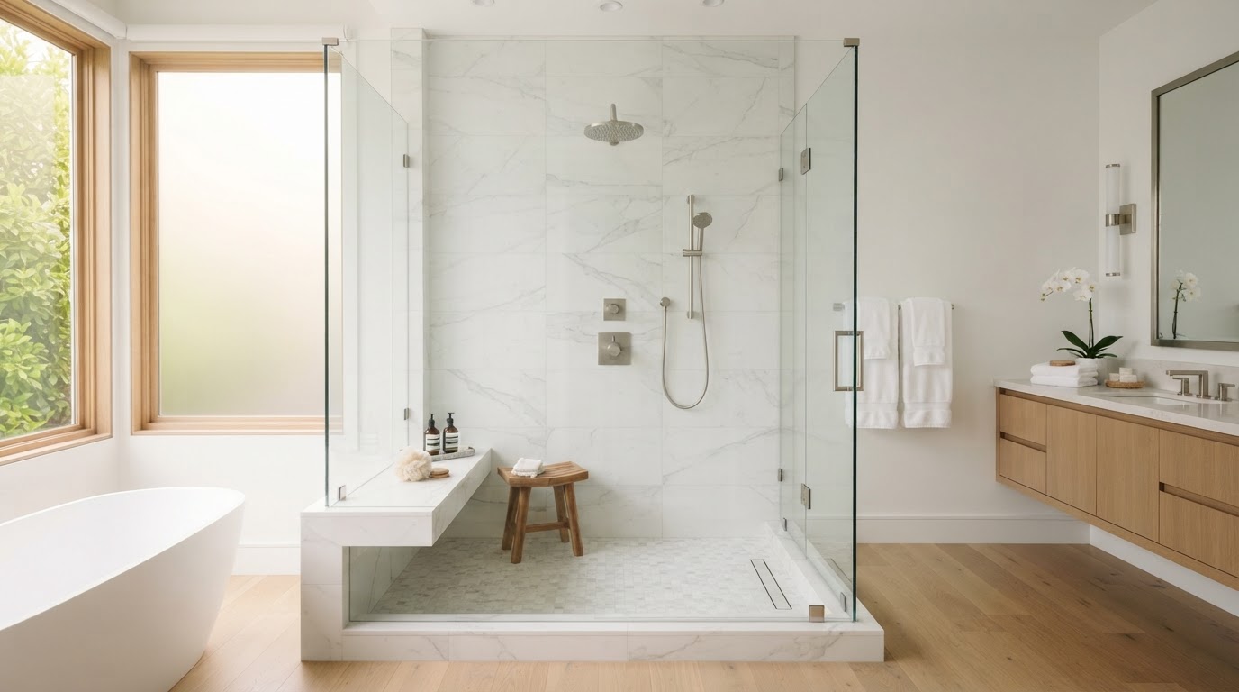 Bright clean modern walk-in bathroom with frameless glass shower