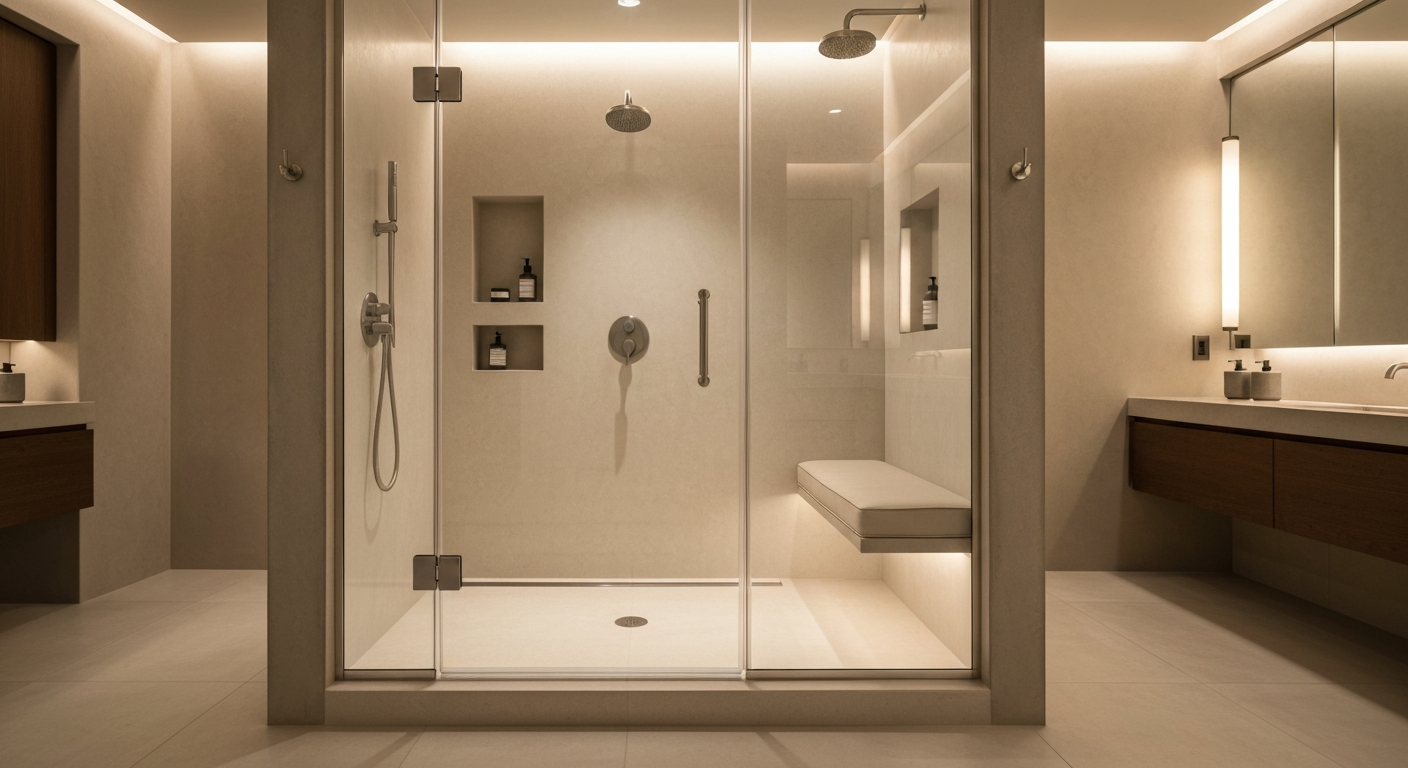 Custom walk-in shower with low-threshold entry and glass enclosure