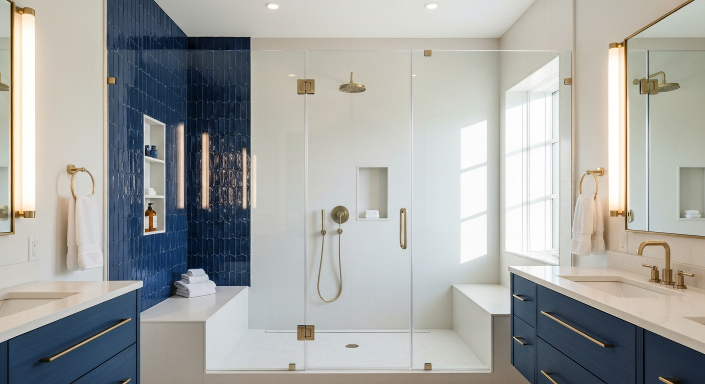 Completed bathroom transformation with modern walk-in shower