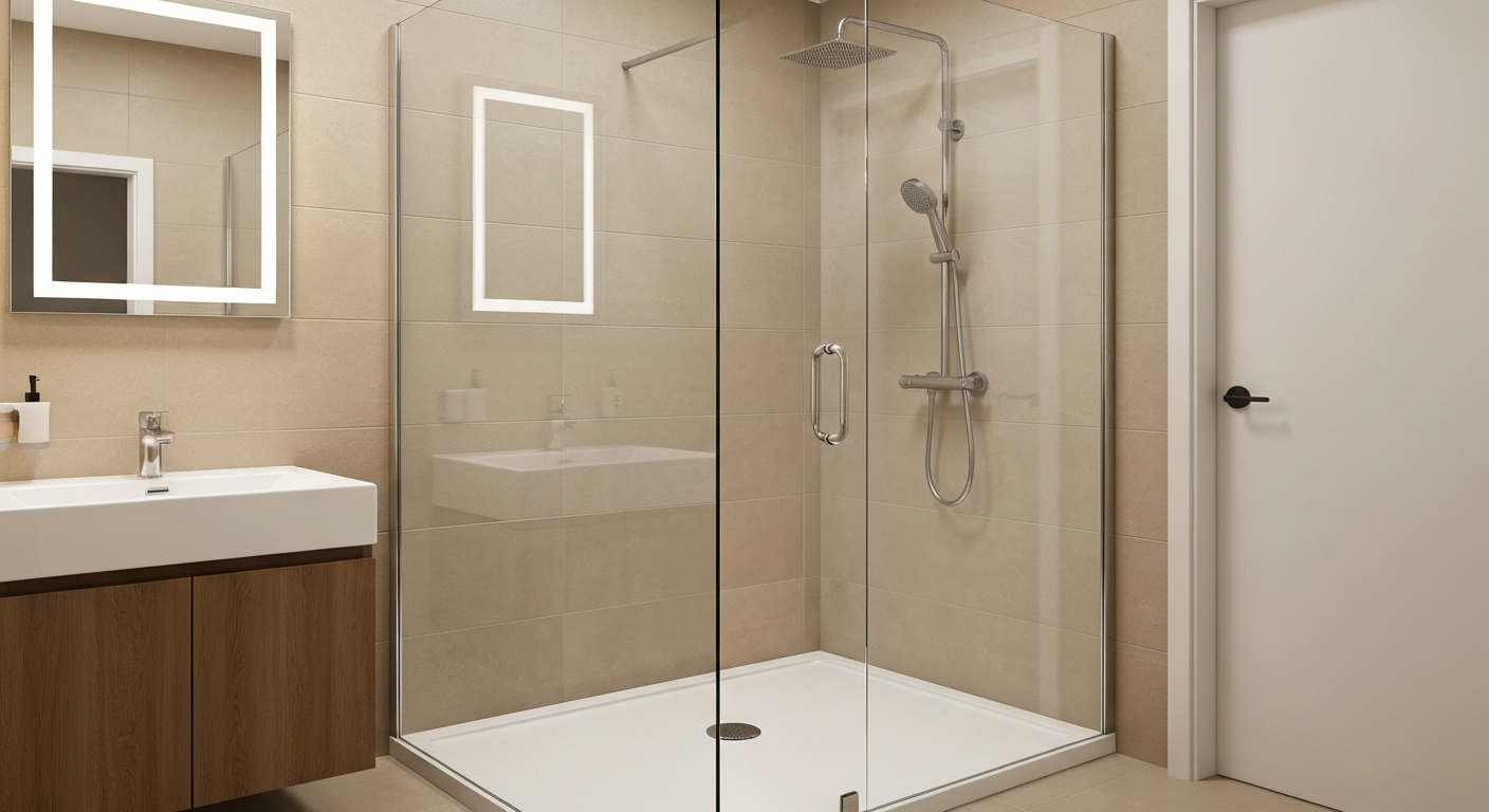 Modern stand-up shower with frameless glass door and wall panels