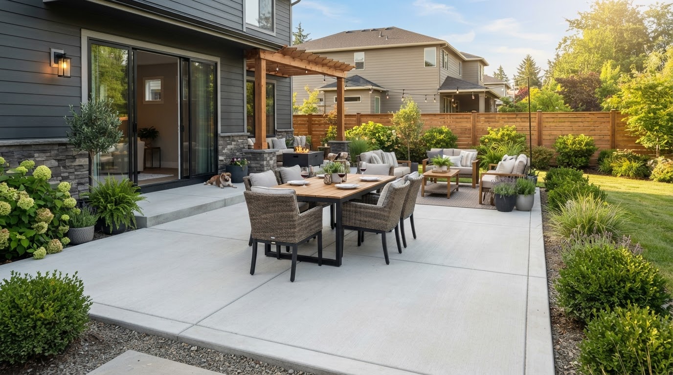 Finished backyard concrete patio installation in Aurora, Colorado