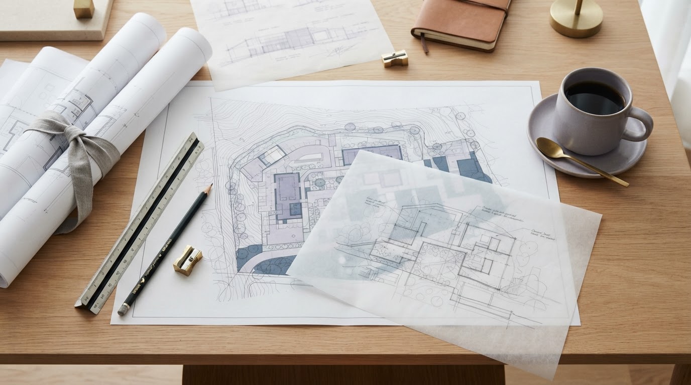 Architect studio desk with site plans, drawings and drafting tools