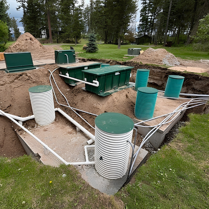 Septic treatment system installation with green tanks and piping