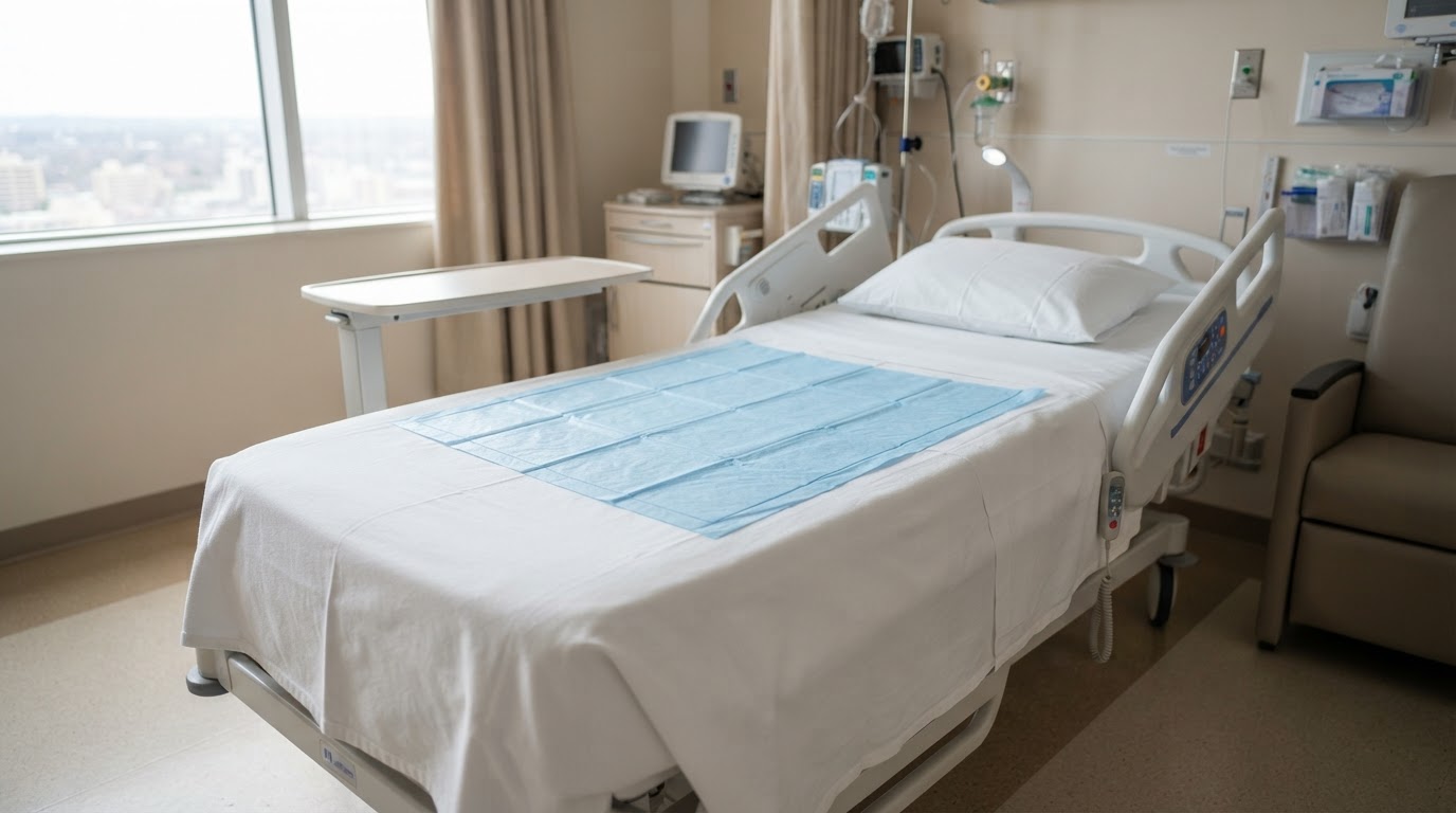 Hospital bed protected with disposable blue linen saver underpad
