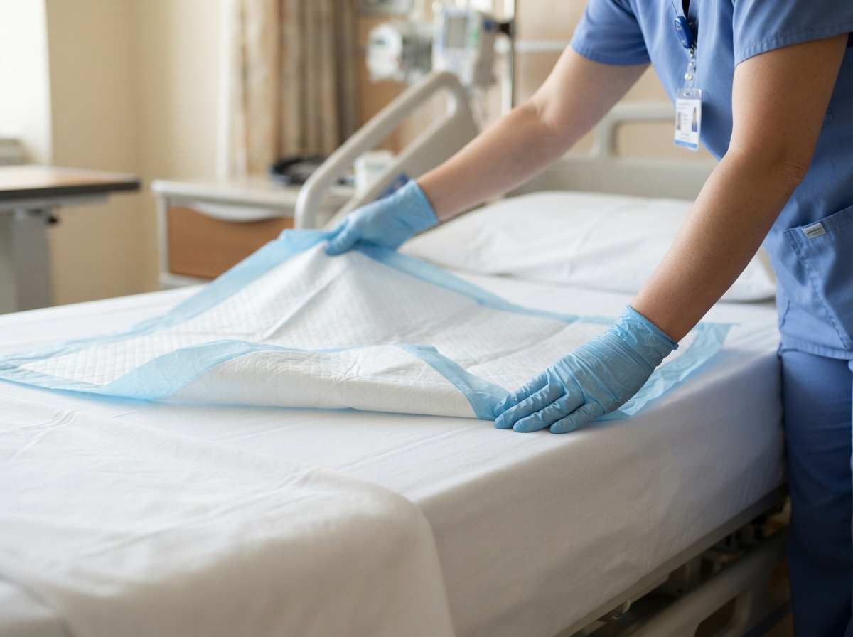 Nurse placing a disposable linen saver pad on a hospital bed