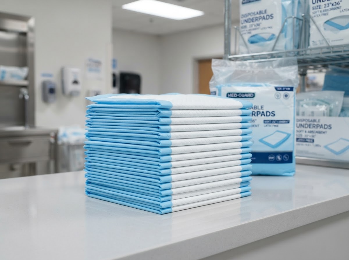Stack of disposable linen saver pads in blue and white