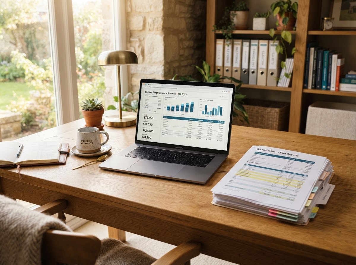 Calm organized financial workspace with financial reports and laptop