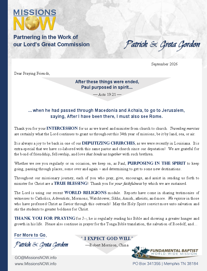 Gordon Prayer Letter -- September 2026