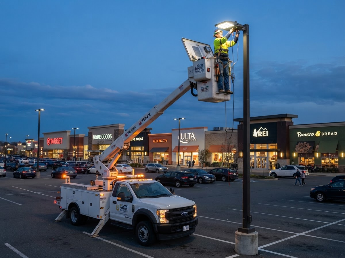 Bucket truck repairing parking lot light pole fixture