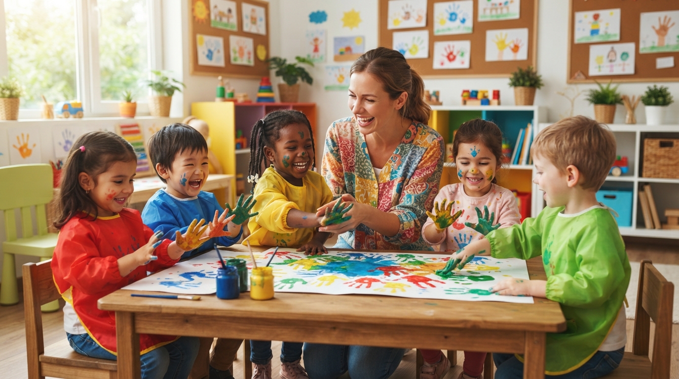 Children participating in colorful handprint artwork learning at The Children's Center Preschool