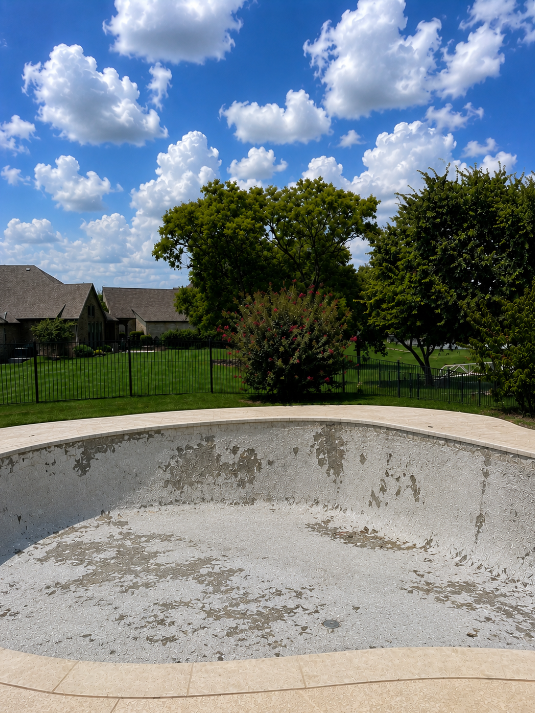 Pool before remodeling in Prosper TX - drained pool with worn plaster needing resurfacing