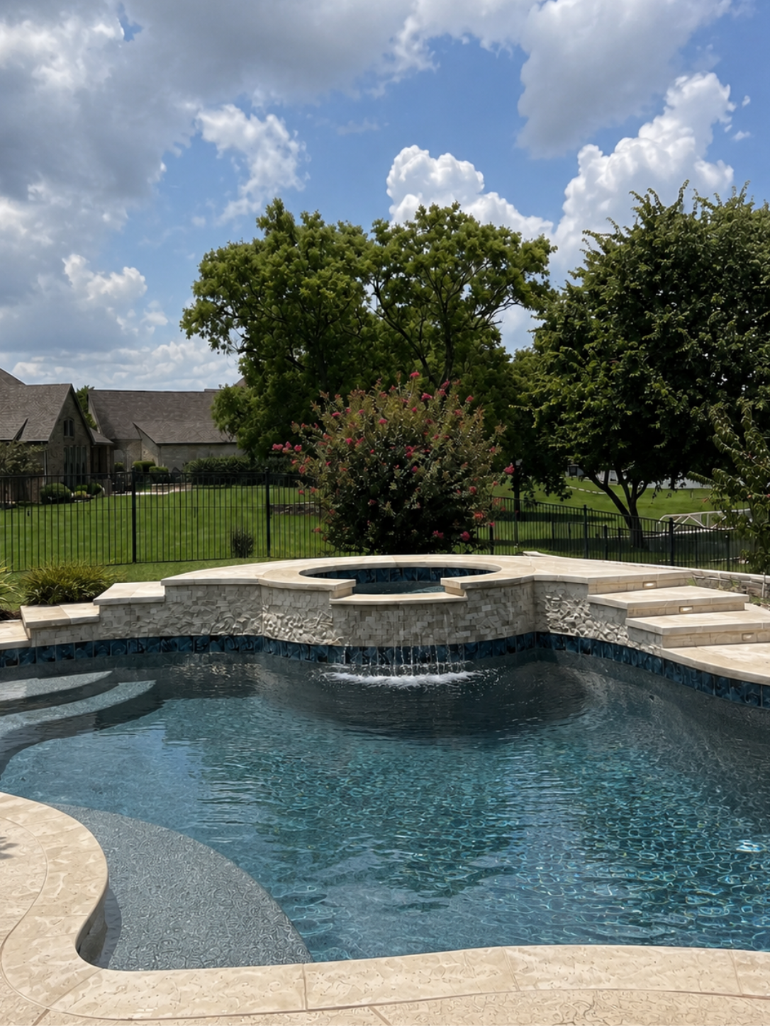 Pool after remodeling in Prosper TX - completed remodel with new plaster, tile, spa and water feature