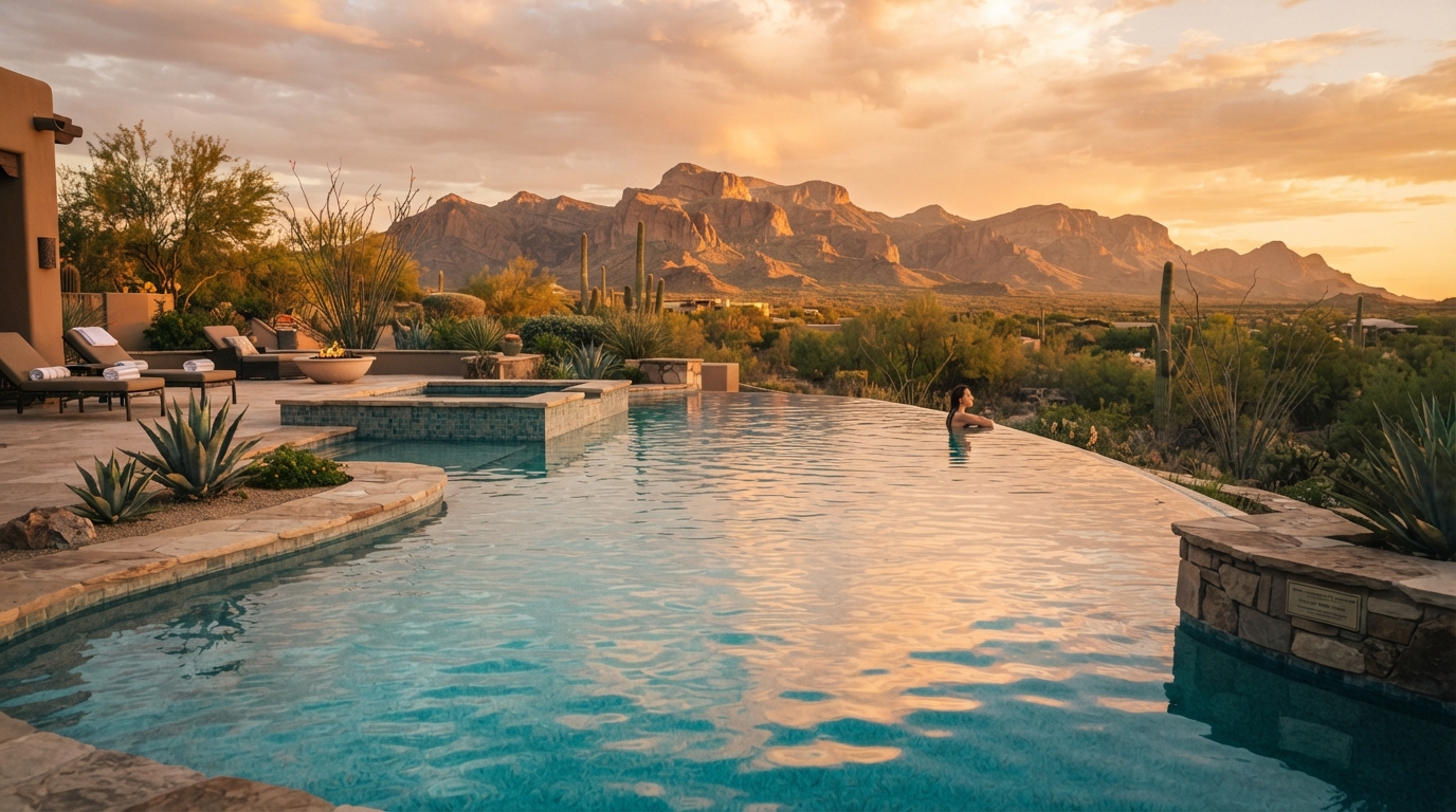 Arizona swimming pool at golden hour with desert mountains in background, representing water conservation