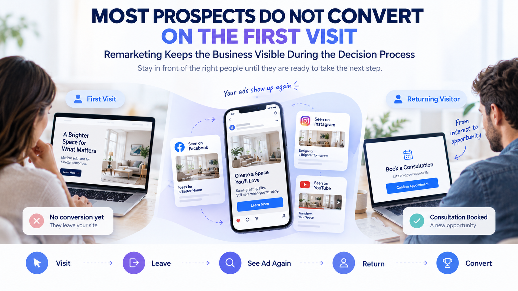 Most Prospects Do Not Convert On The First Visit - Remarketing Keeps the Business Visible During the Decision Process - Meta Ads | Millennial PLS