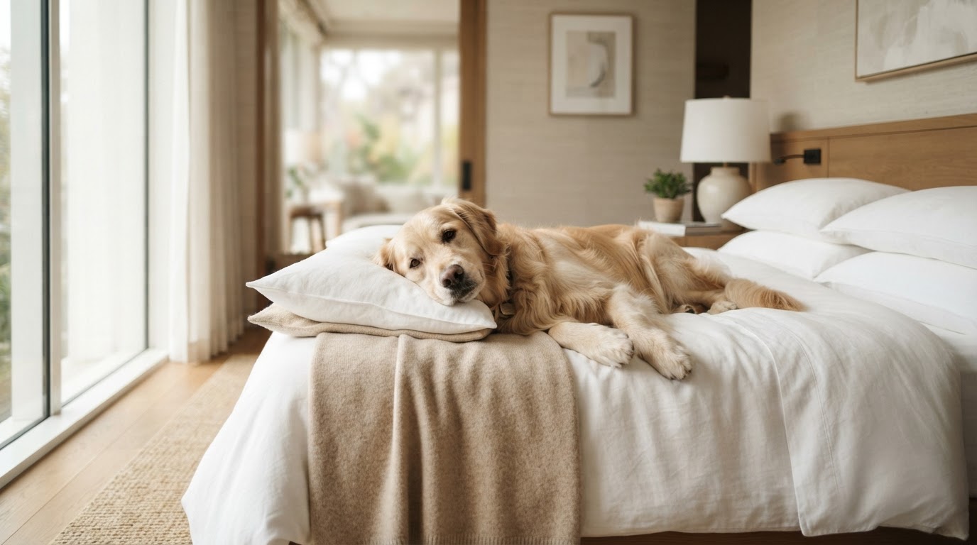 Happy dog relaxing comfortably while its owner is on a cruise vacation