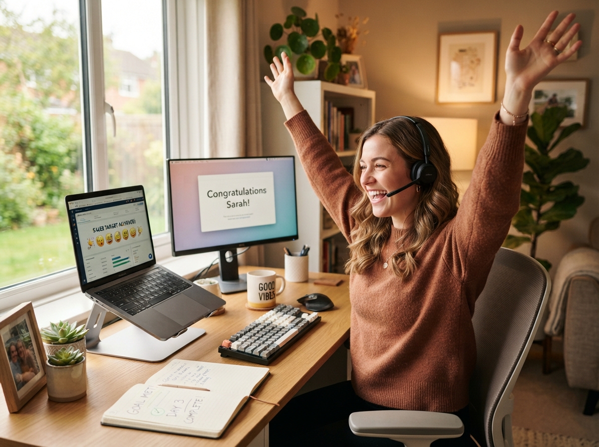 Agent celebrating at desk wearing headset