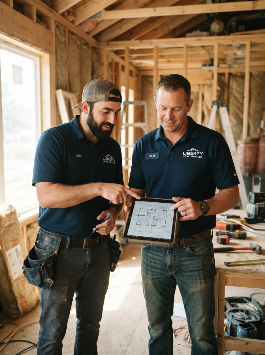Contractors reviewing plans on a jobsite