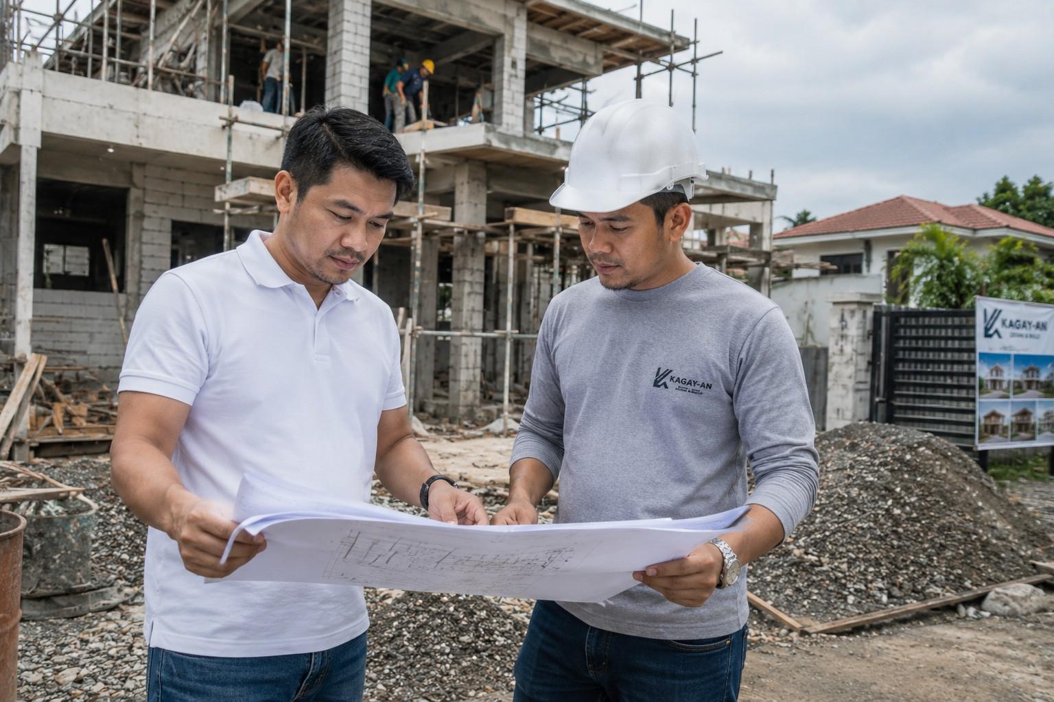Architect and site engineer reviewing blueprints on-site at a house construction project in Cebu, Philippines