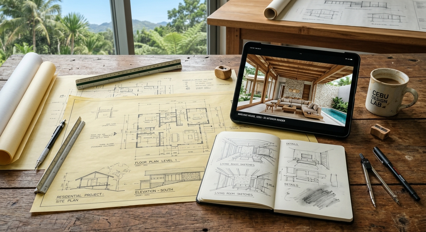 Architectural Blueprints, Sketches, and Tablet 3D Visualization Workspace