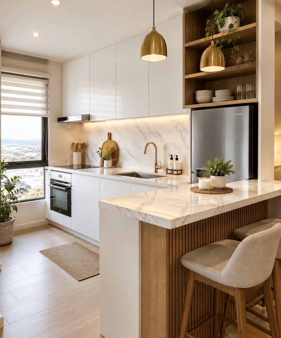Bespoke Modern Kitchenette and Breakfast Bar with Fluted Wood and Calacatta Marble Countertop in Mactan Condo