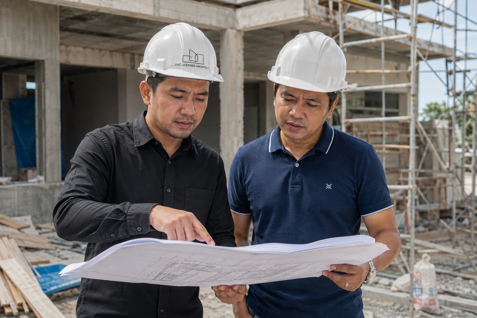PRC licensed architect and engineer in hard hats reviewing architectural blueprints at an active residential construction site in Cebu