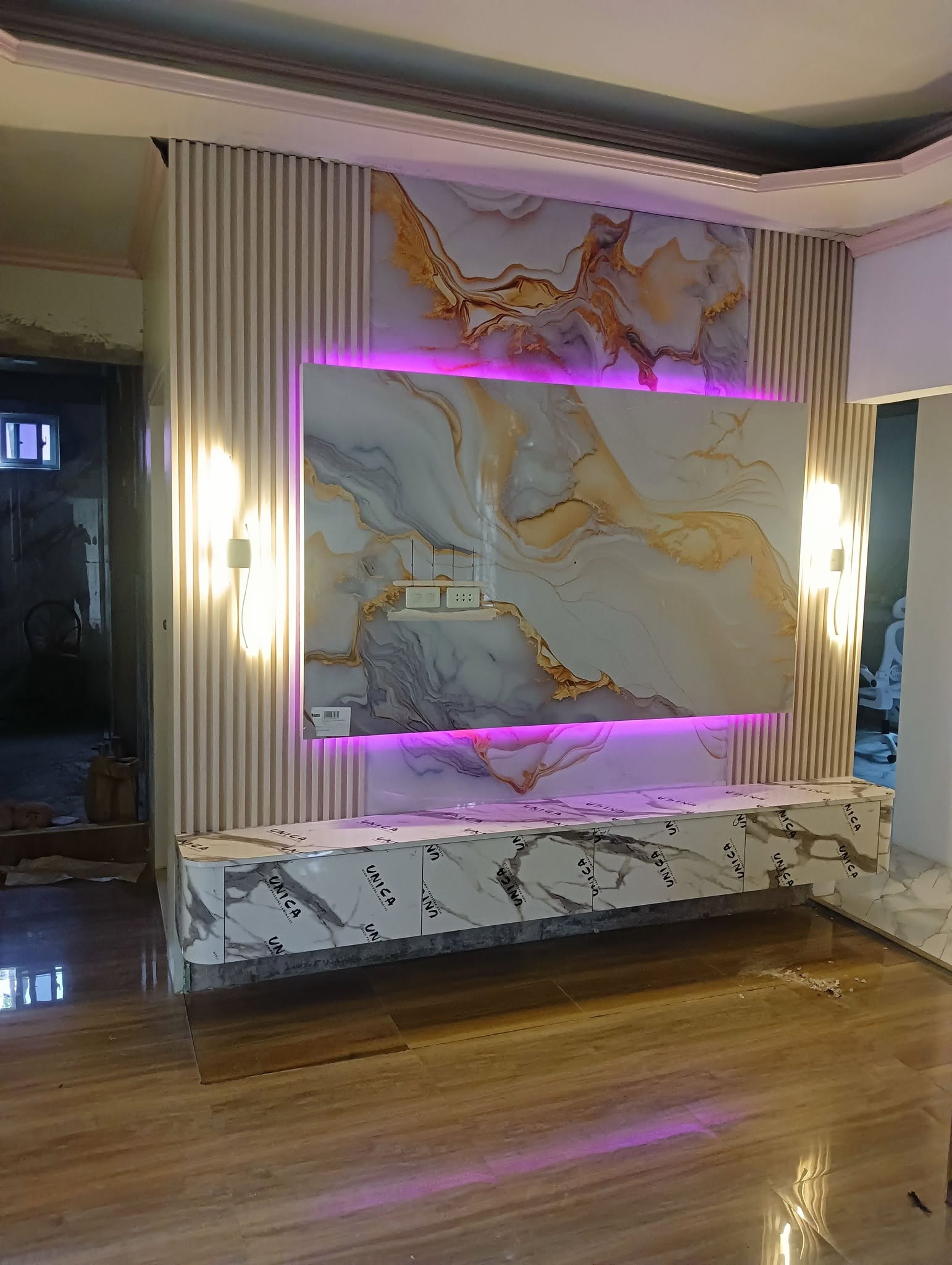 Illuminated Marble Feature Wall & Floating Credenza