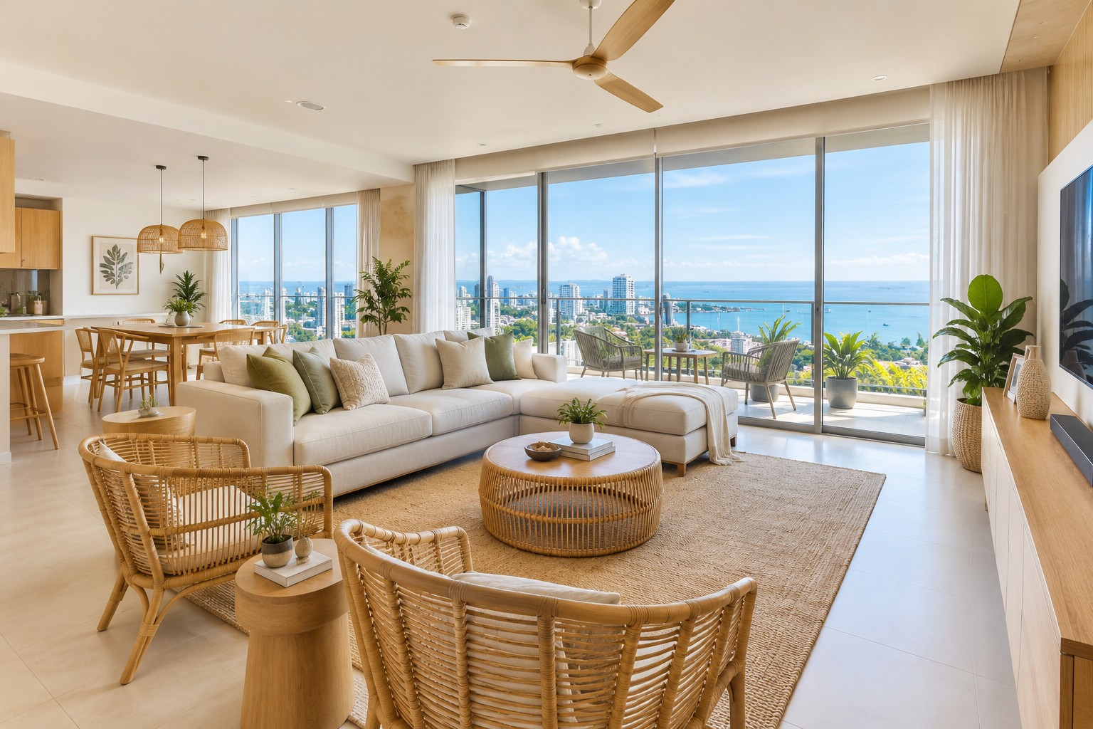 Completed Tropical Modern Mactan Island Condo Living and Dining Area Overlooking the Ocean