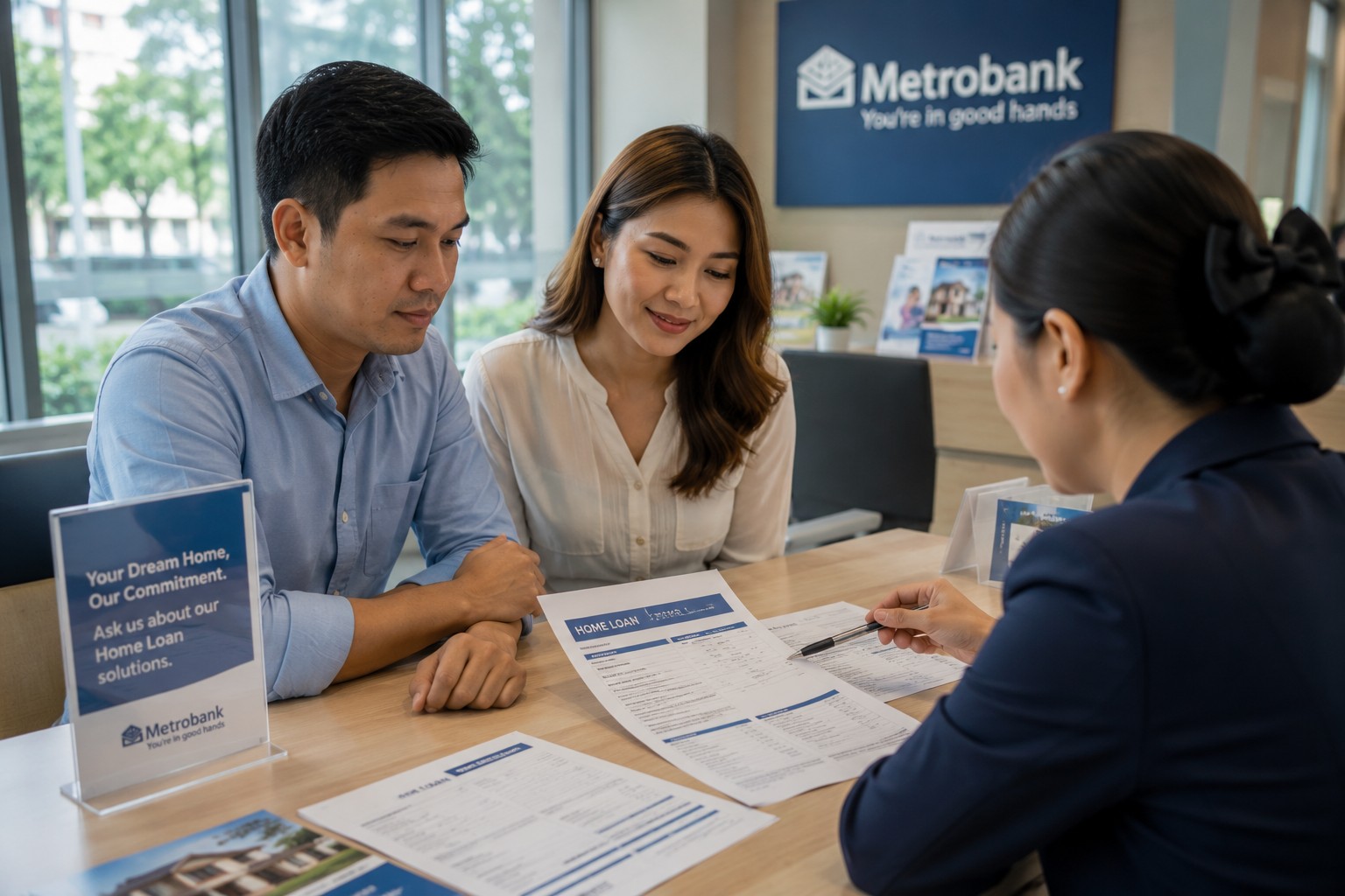 Filipino couple sitting at a Metrobank office desk reviewing home loan application documents with a bank officer