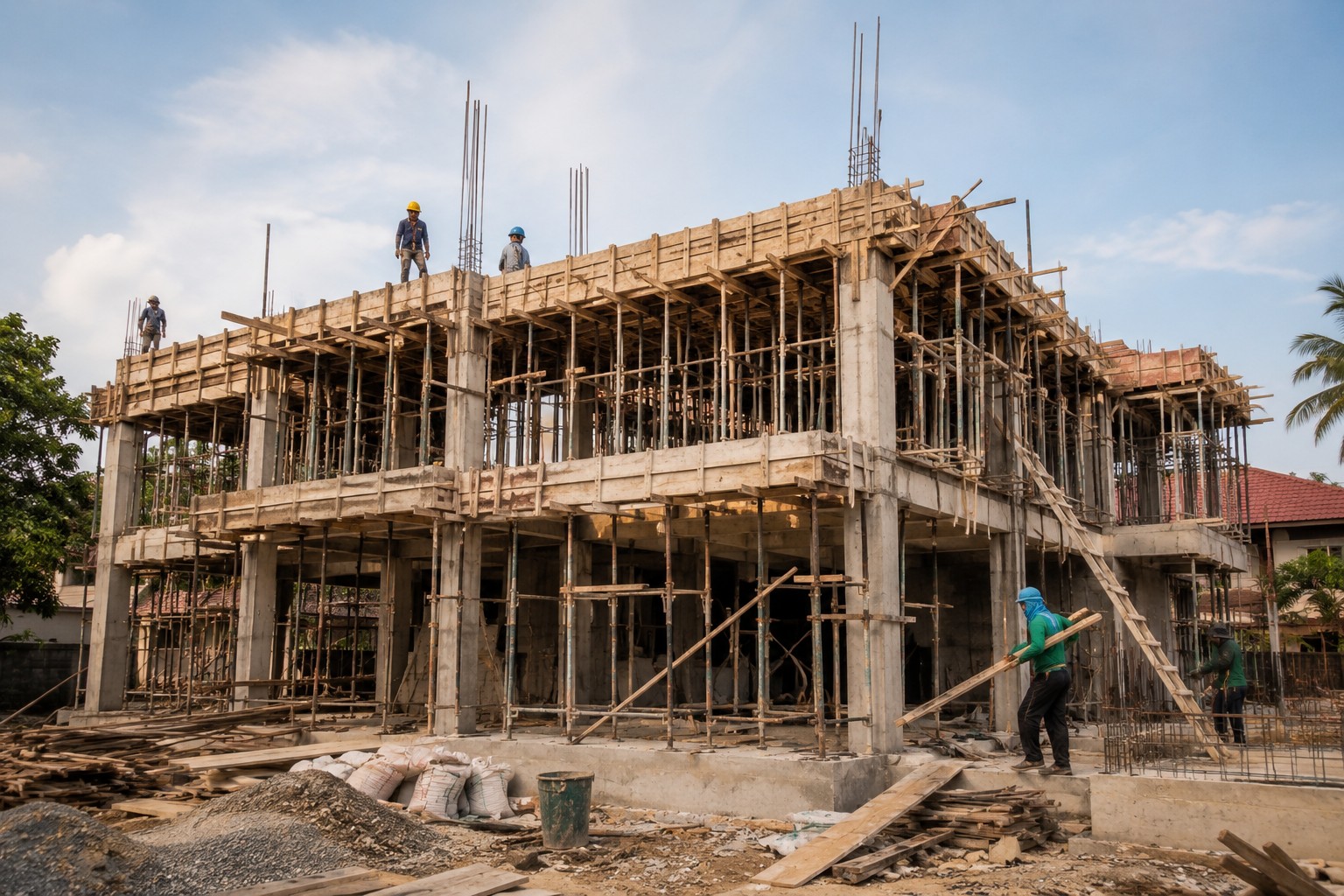 Multi-story residential building under construction with concrete columns and formwork in Cebu, Philippines