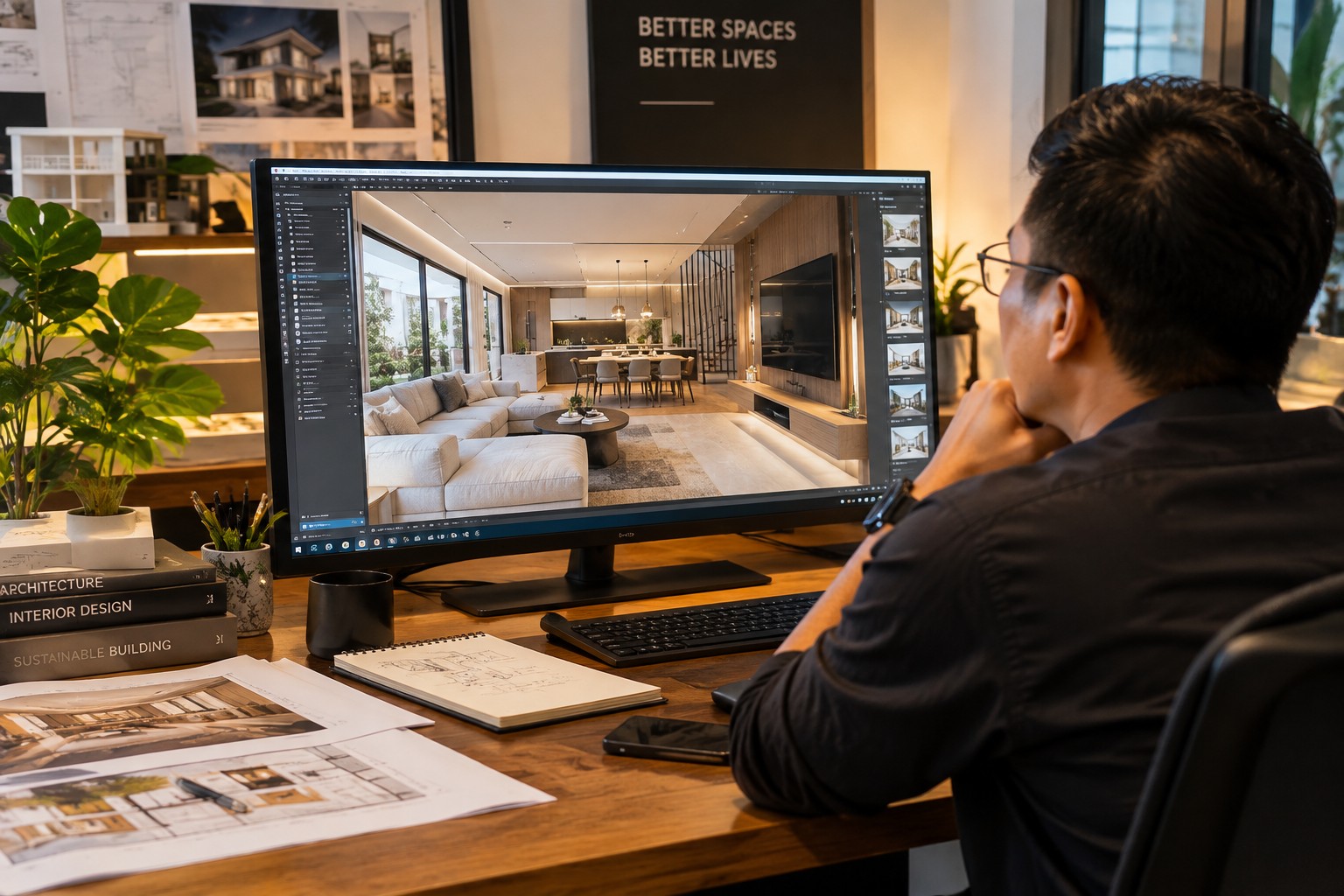 Interior 3D Architectural Visualization on High-Resolution Monitor