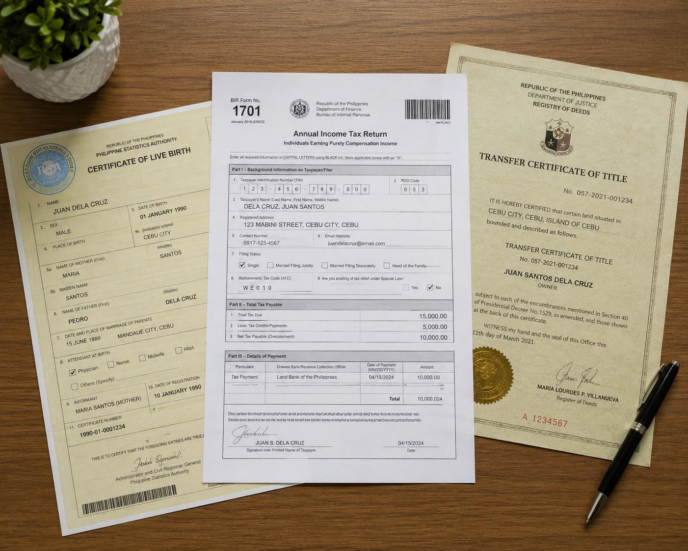Official Philippine housing loan documents including PSA birth certificate, BIR Form 1701 Income Tax Return, and Transfer Certificate of Title on a wooden desk