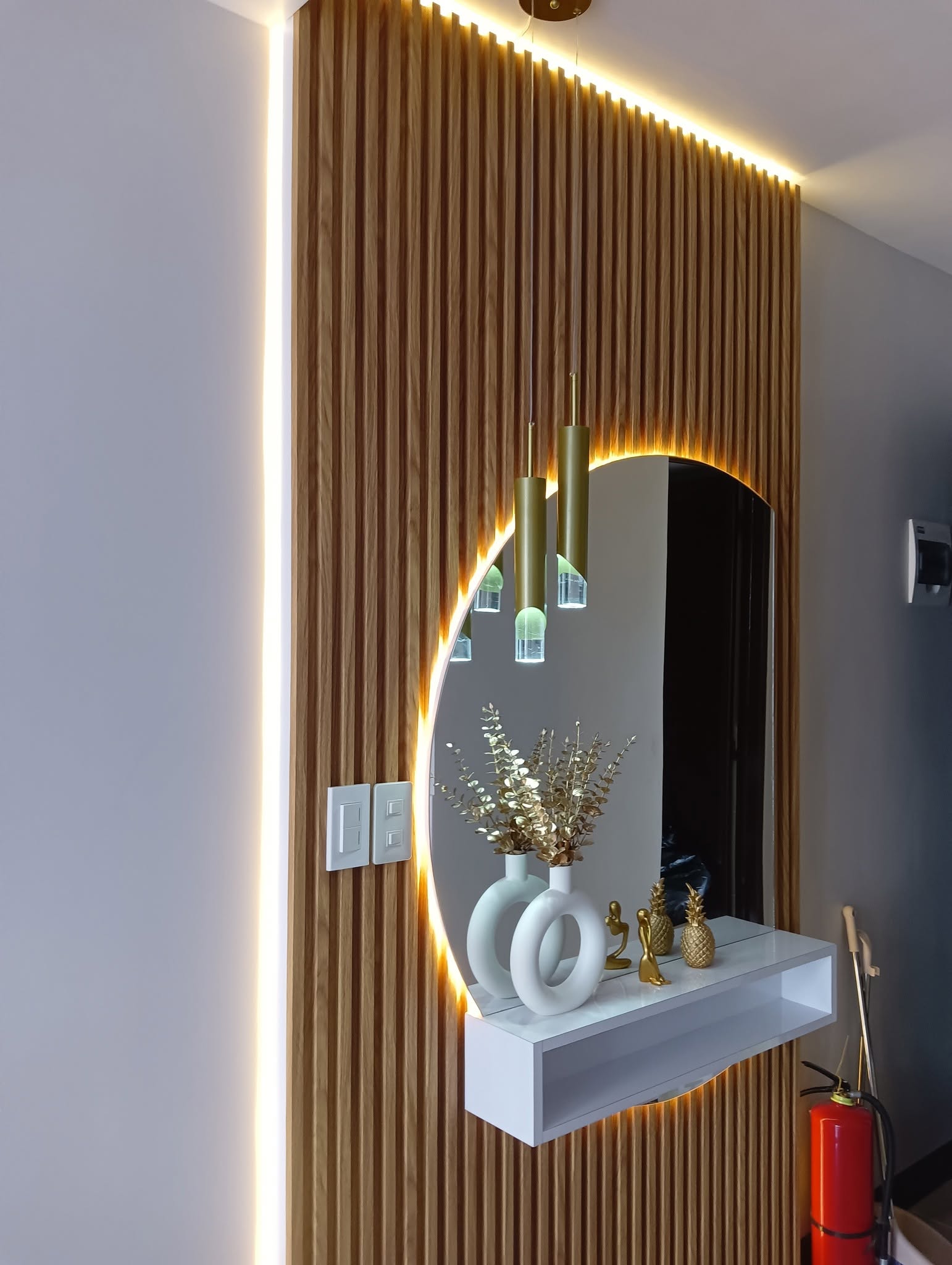 Backlit Vanity Nook with Fluted Wood Paneling