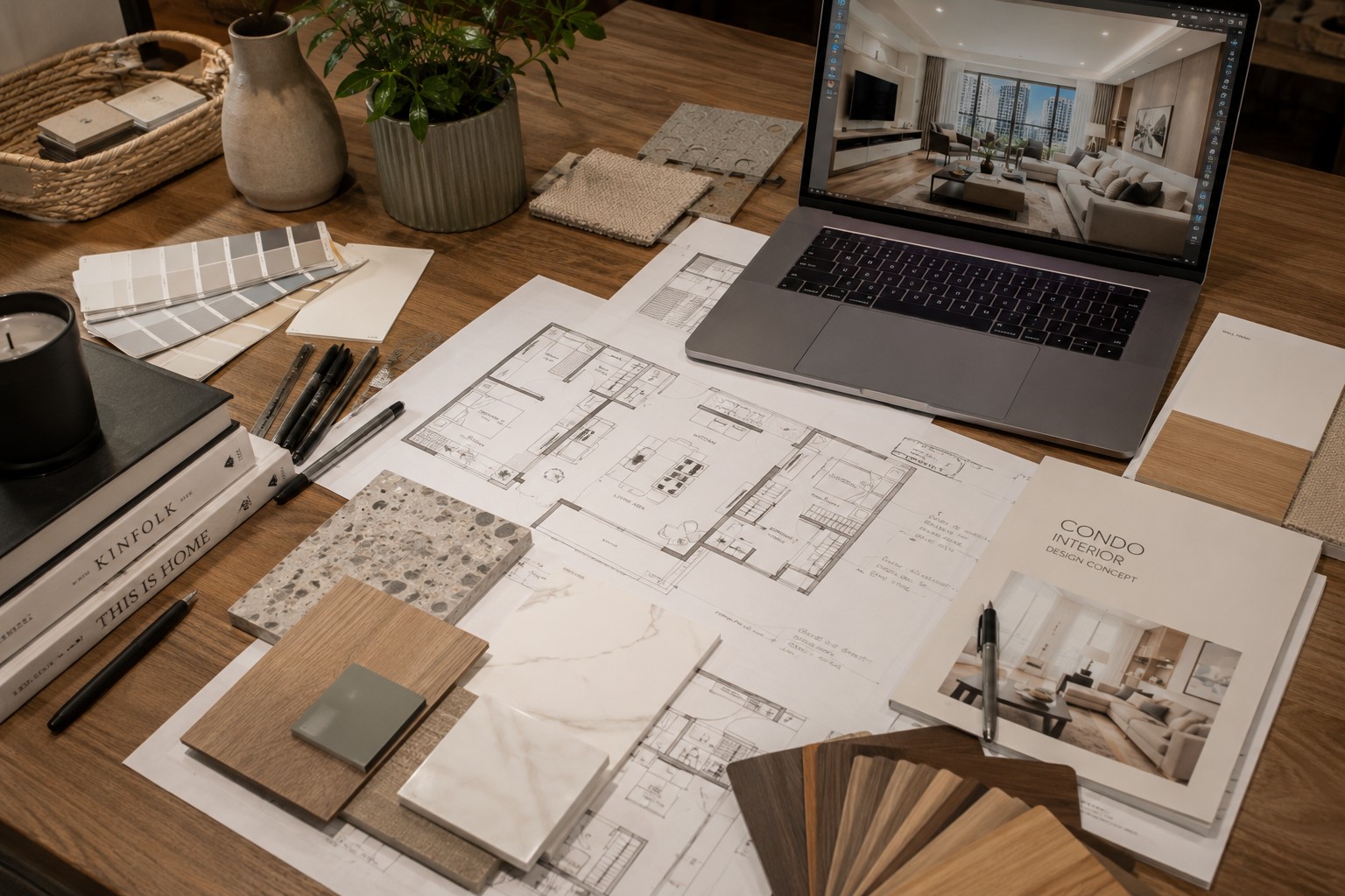 Condo interior design workspace with laptop showing 3D render, architectural floor plans, and material swatches