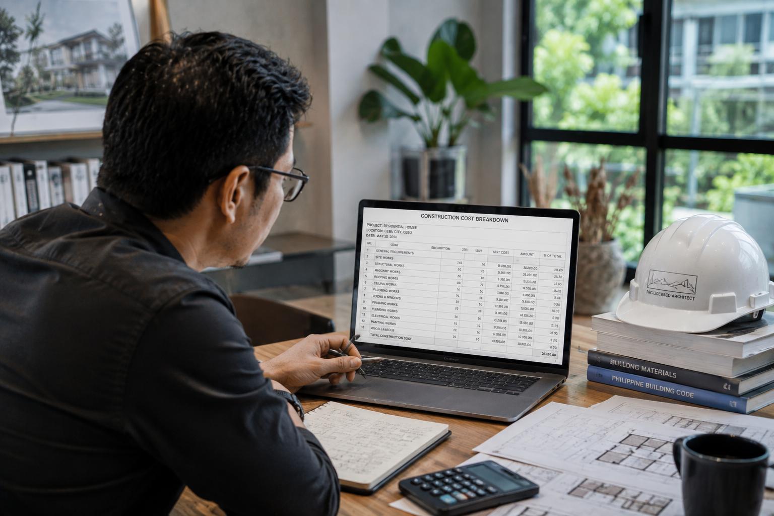Laptop screen showing a detailed construction cost breakdown spreadsheet for a residential house project in Cebu City