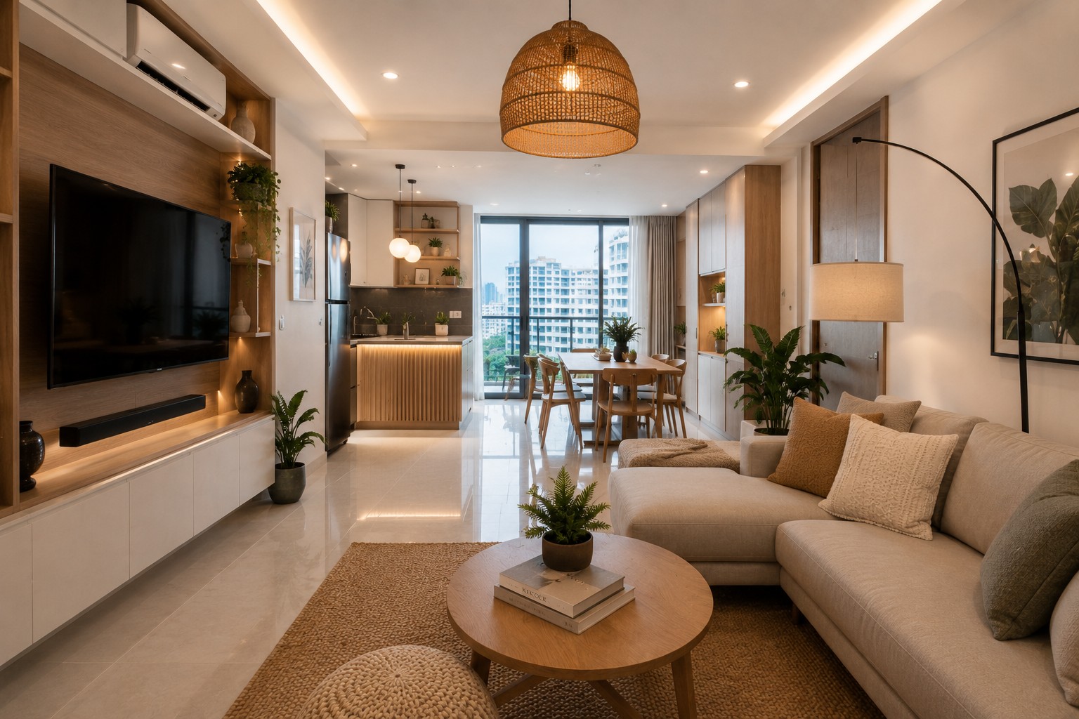 Finished condo living room in Cebu with warm pendant lighting, wood-grain built-in media wall, and open-plan kitchen
