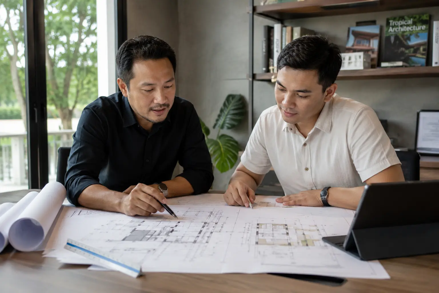 GAS Design & Build Architects Reviewing Blueprints and Floor Plans in Cebu Office