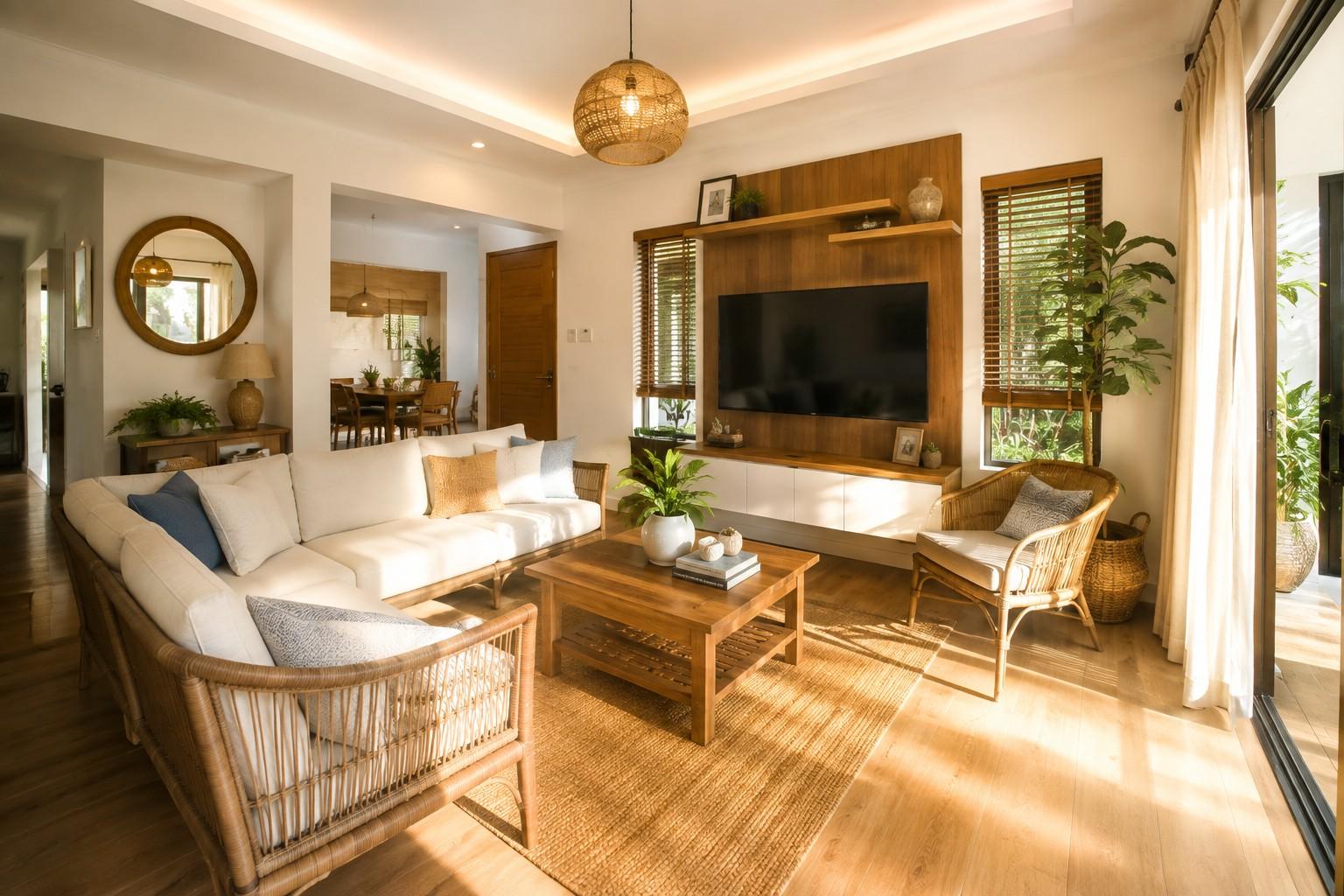 Warm rattan and wood living room interior finished as part of a Cebu home renovation