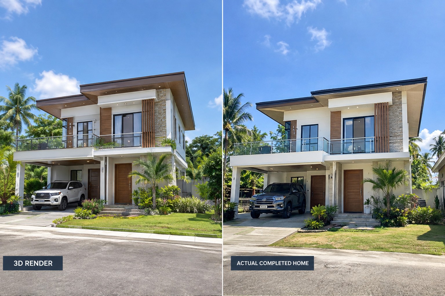 3D Render versus Actual Completed Modern Home Side-by-Side Comparison