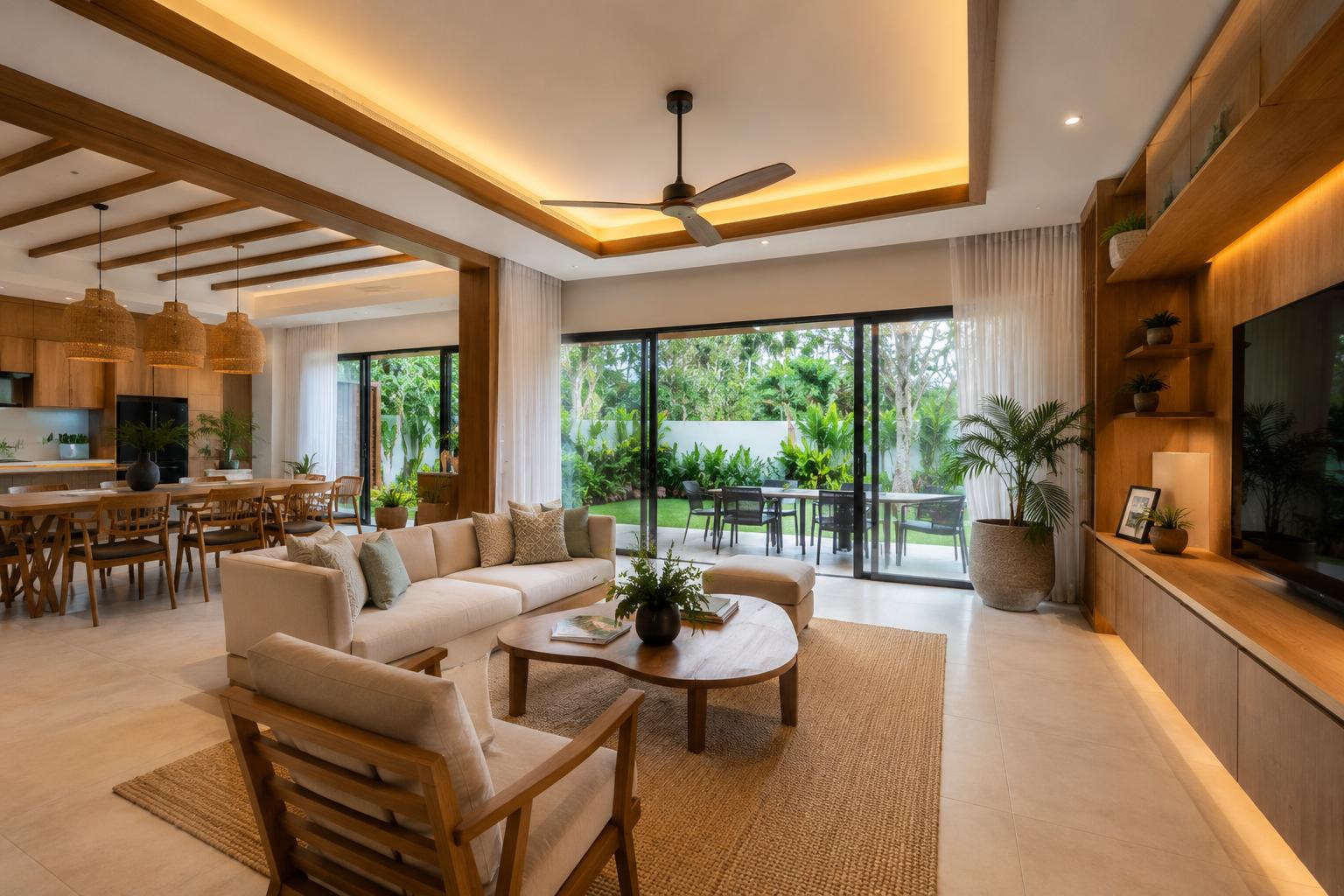 GAS Design & Build Interior Architecture Open Concept Living Room with Tropical Garden View Cebu