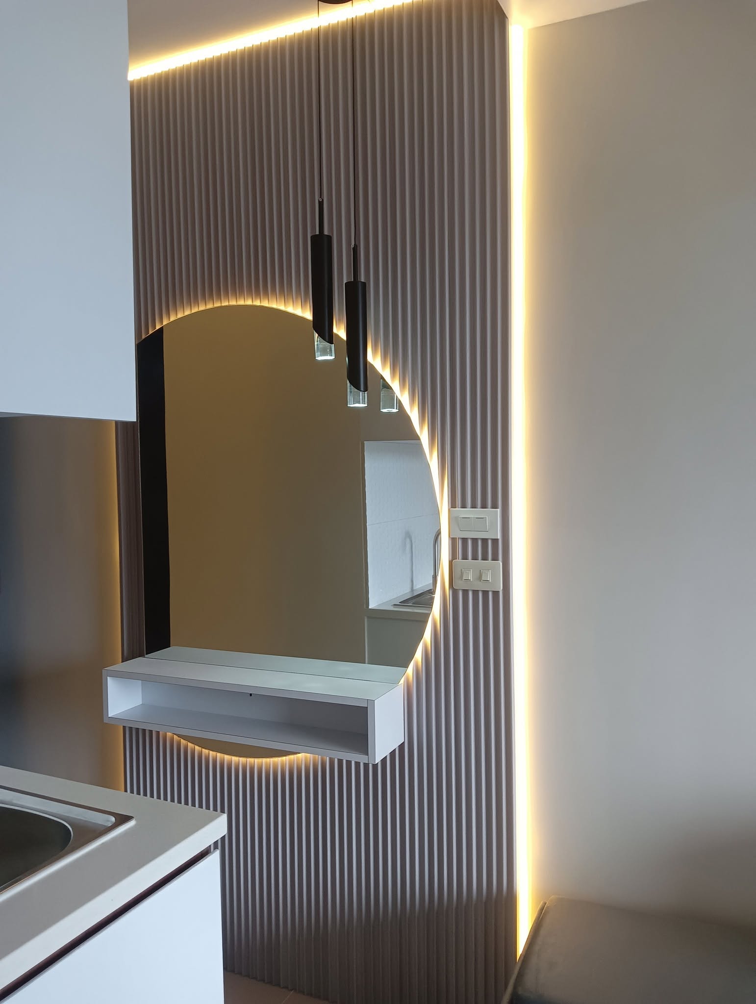 Backlit Arch Mirror & Fluted Accent Wall