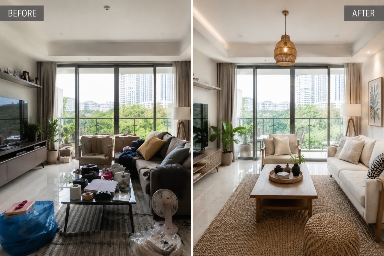 Before and after condo living room renovation in Cebu showing cluttered space transformed into a clean, styled interior